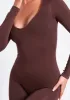 Eli Chocolate Plunge Ribbed Seamless Long Sleeve Jumpsuit sold by Missy Empire