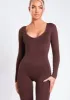 Eli Chocolate Plunge Ribbed Seamless Long Sleeve Jumpsuit sold by Missy Empire
