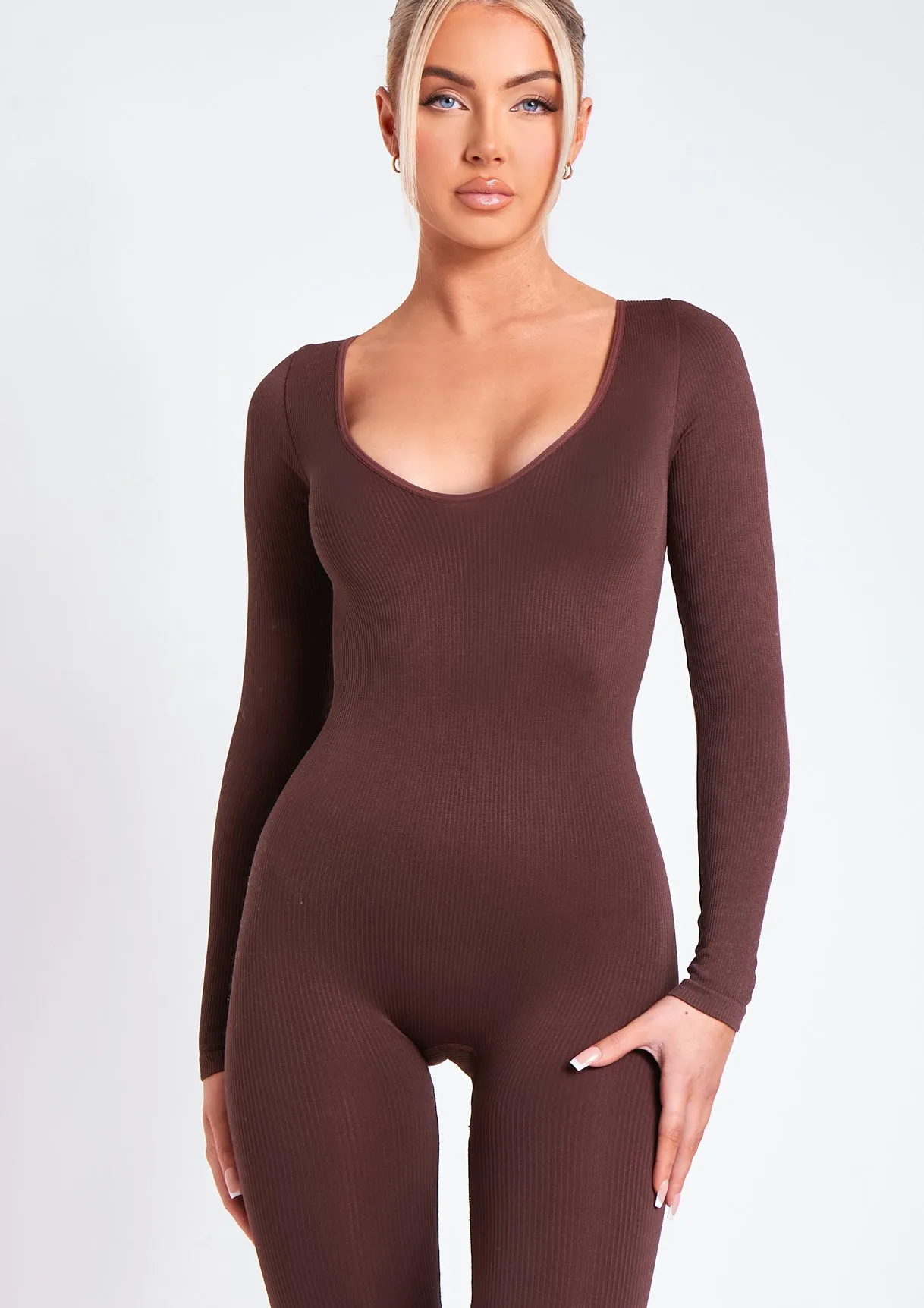 Eli Chocolate Plunge Ribbed Seamless Long Sleeve Jumpsuit sold by Missy Empire product image thumbnail 2