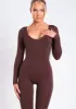 Eli Chocolate Plunge Ribbed Seamless Long Sleeve Jumpsuit sold by Missy Empire