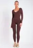 Eli Chocolate Plunge Ribbed Seamless Long Sleeve Jumpsuit sold by Missy Empire