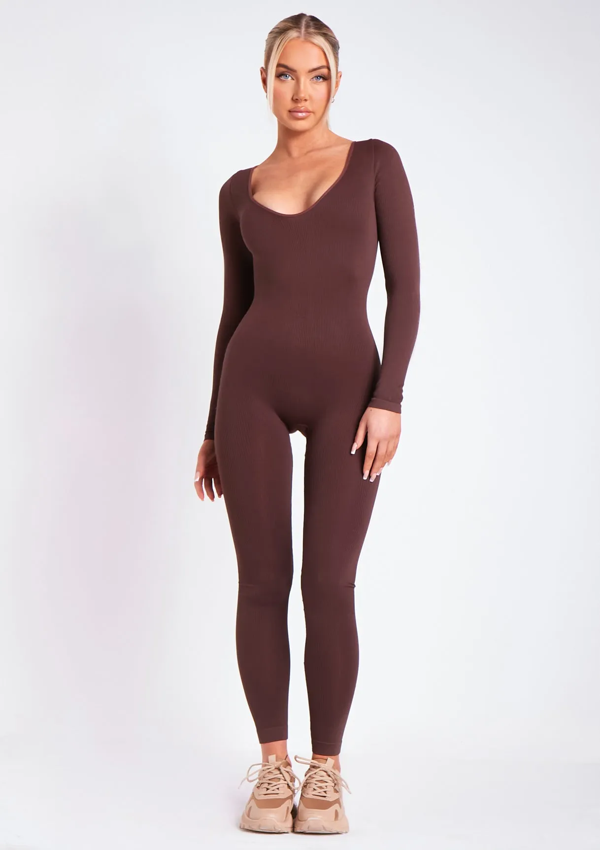 Eli Chocolate Plunge Ribbed Seamless Long Sleeve Jumpsuit sold by Missy Empire product image thumbnail 5