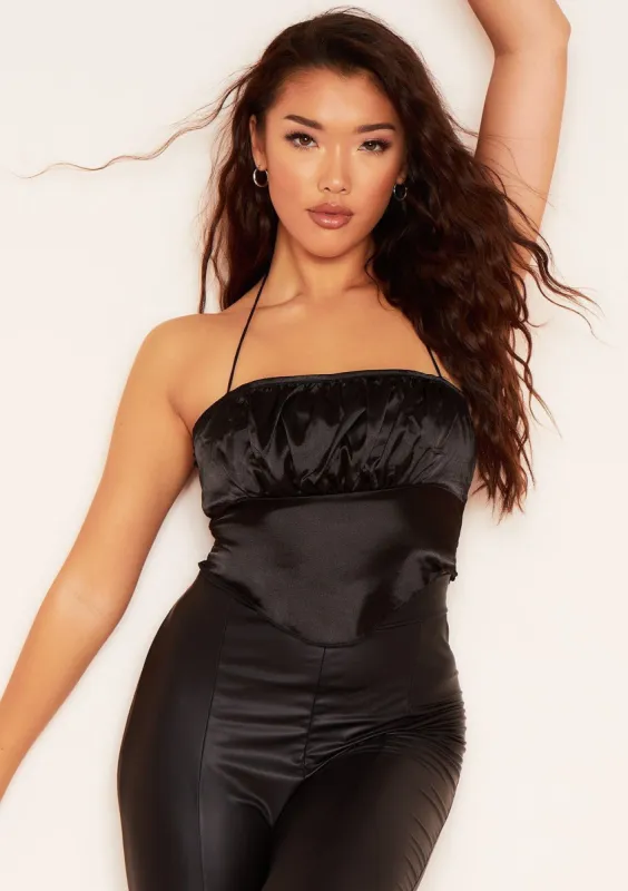 Grace Black Satin Halterneck Ruched Crop Top sold by Missy Empire