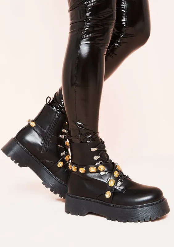 Kamila Black Jewel Strap Chunky Boots sold by Missy Empire