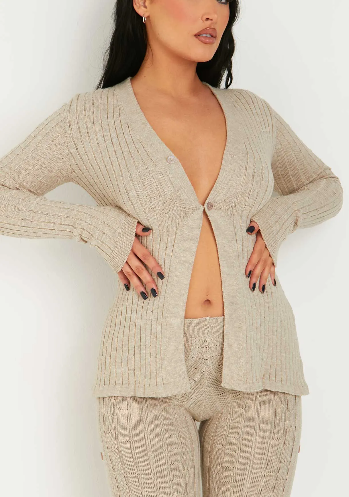 Kaya Oatmeal Rib Knit Button Up Cardigan sold by Missy Empire product image thumbnail 2