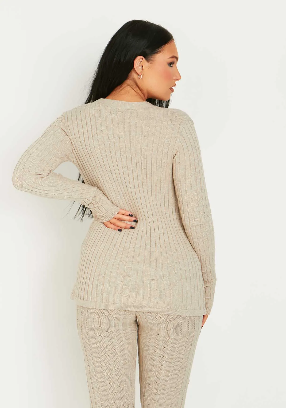 Kaya Oatmeal Rib Knit Button Up Cardigan sold by Missy Empire product image thumbnail 3