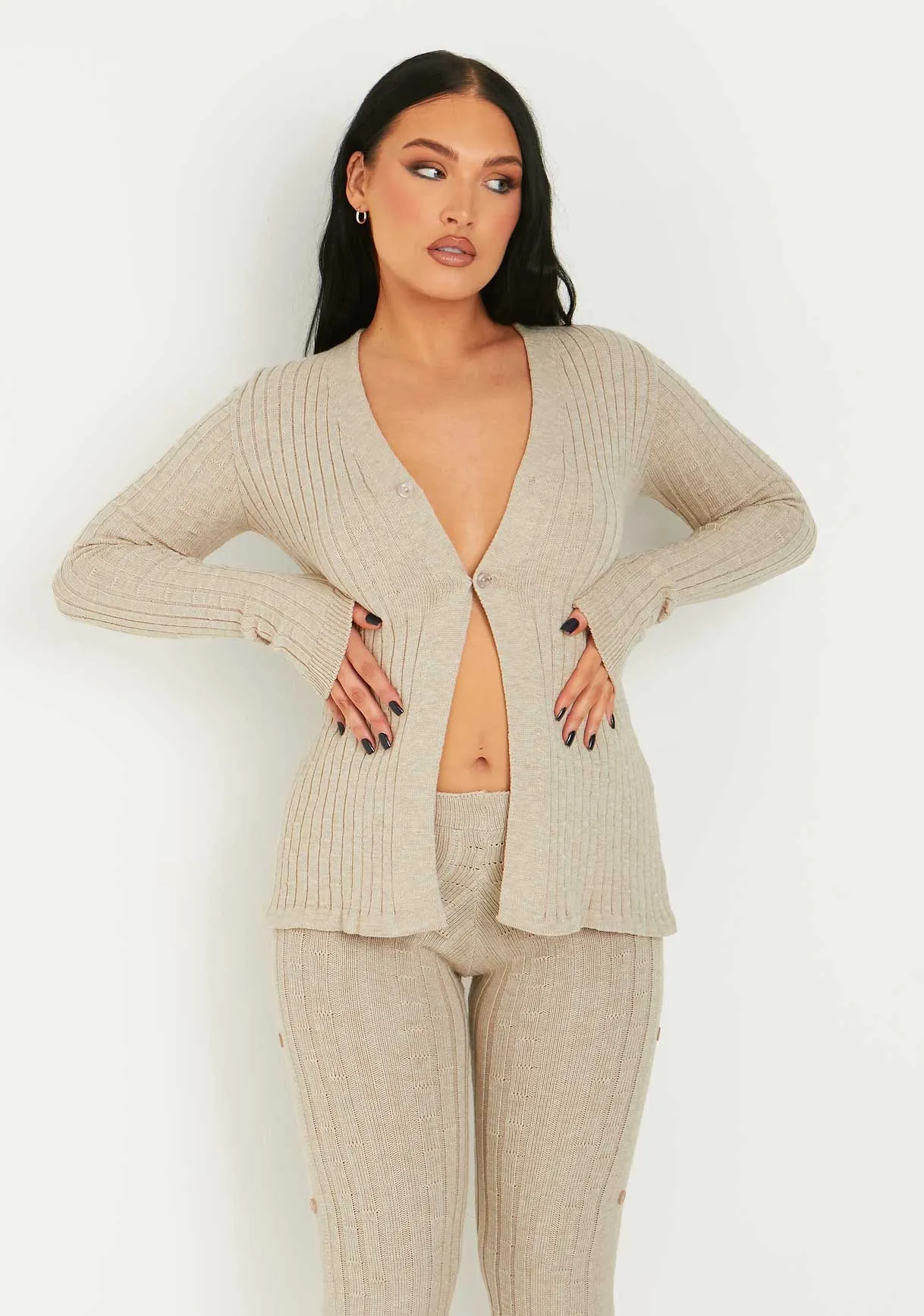Kaya Oatmeal Rib Knit Button Up Cardigan sold by Missy Empire