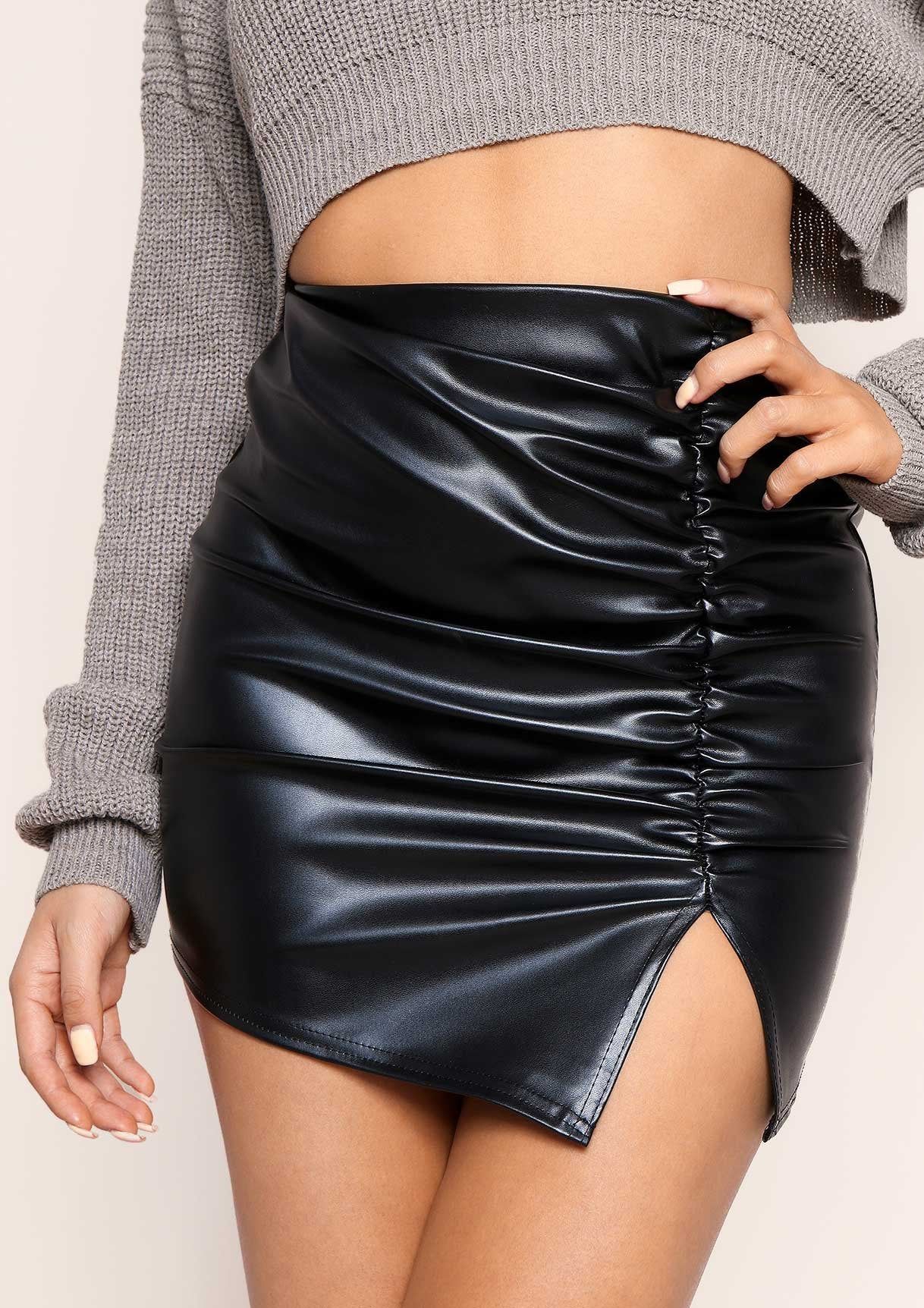 Amelie Black Ruched PU Split Front Mini Skirt sold by Missy Empire product image thumbnail 3