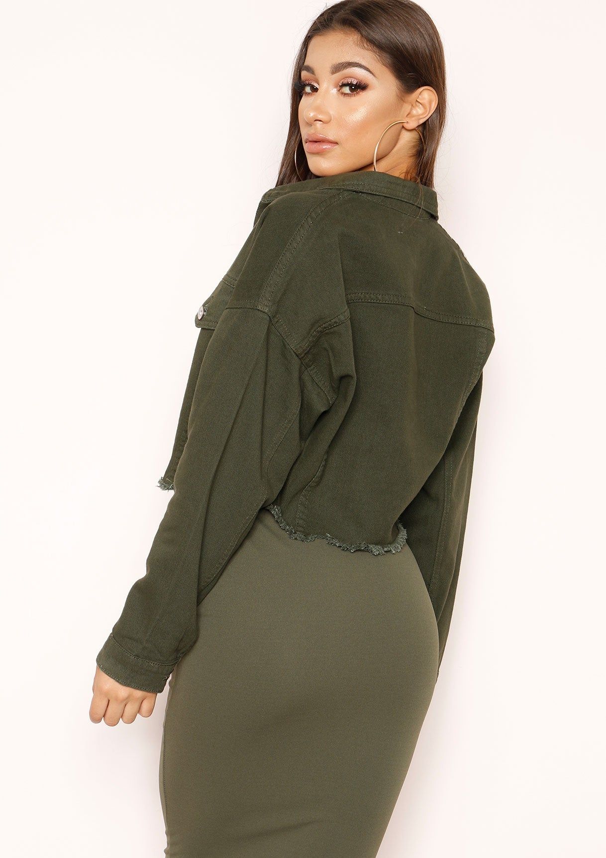 Sophie Khaki Cropped Frayed Denim Jacket sold by Missy Empire product image thumbnail 5