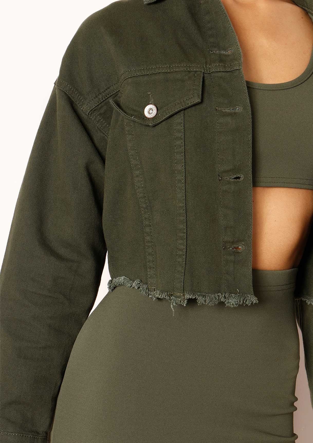Sophie Khaki Cropped Frayed Denim Jacket sold by Missy Empire product image thumbnail 3