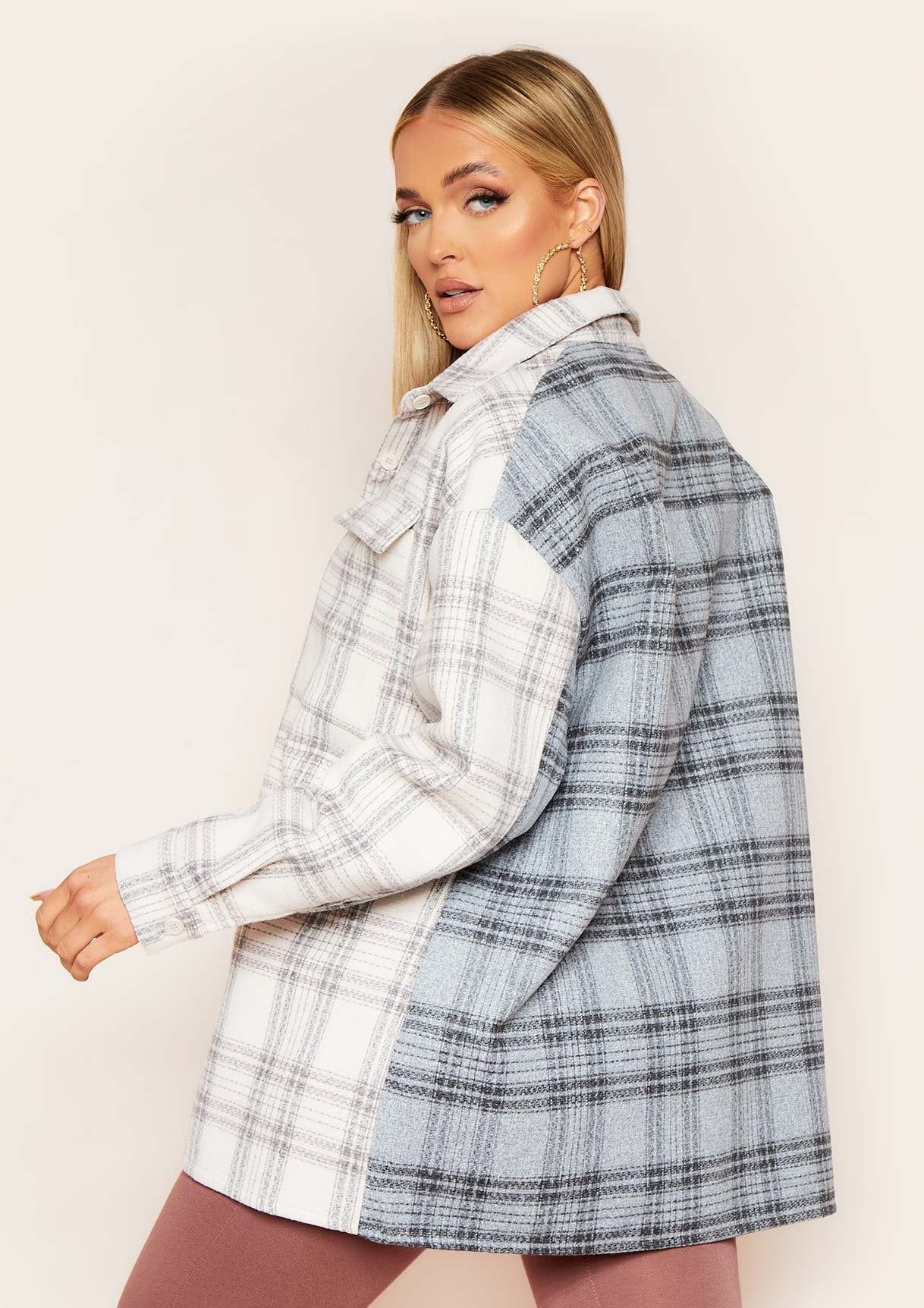 Ashlea Grey Colour Block Checked Oversized Shacket sold by Missy Empire