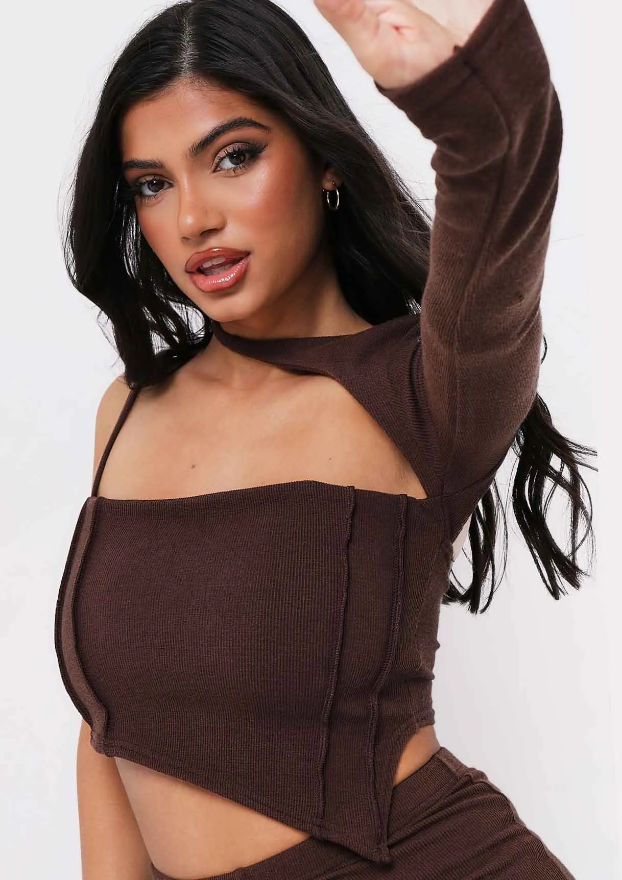 Asher Chocolate Cut Out One Ribbed Shoulder Top sold by Missy Empire product image thumbnail 5