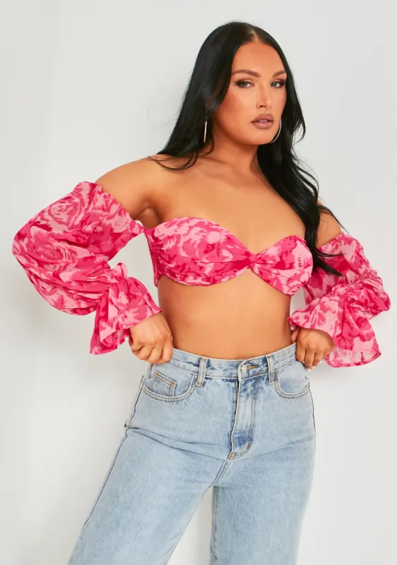 Colleen Pink Puff Sleeve Bardot Crop Top sold by Missy Empire