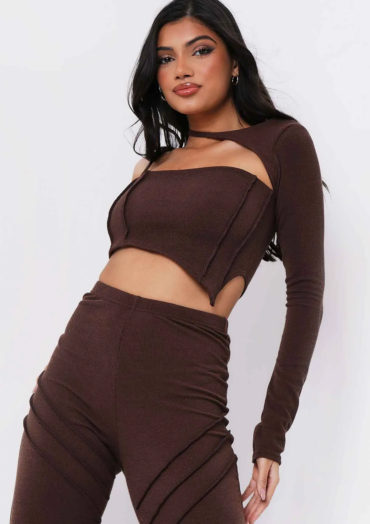 Asher Chocolate Cut Out One Ribbed Shoulder Top sold by Missy Empire