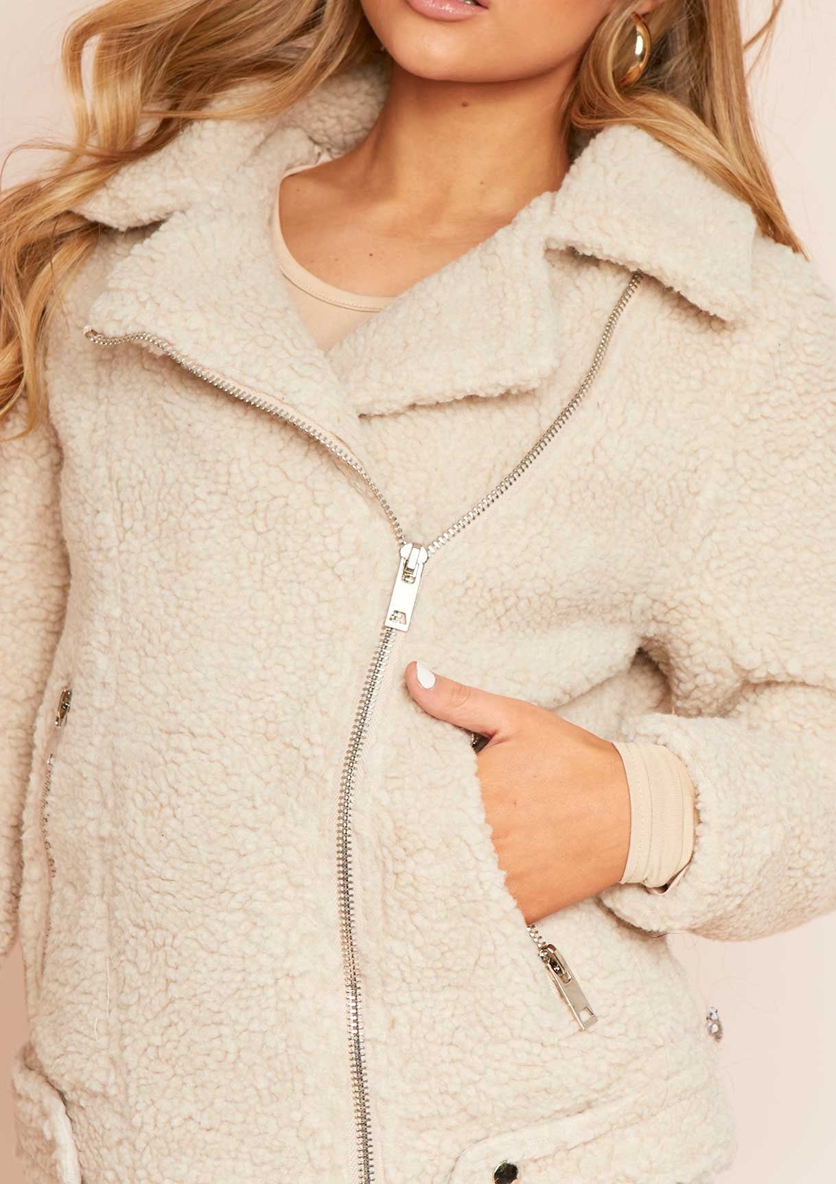 Belin Beige Teddy Borg Biker Jacket sold by Missy Empire product image thumbnail 3