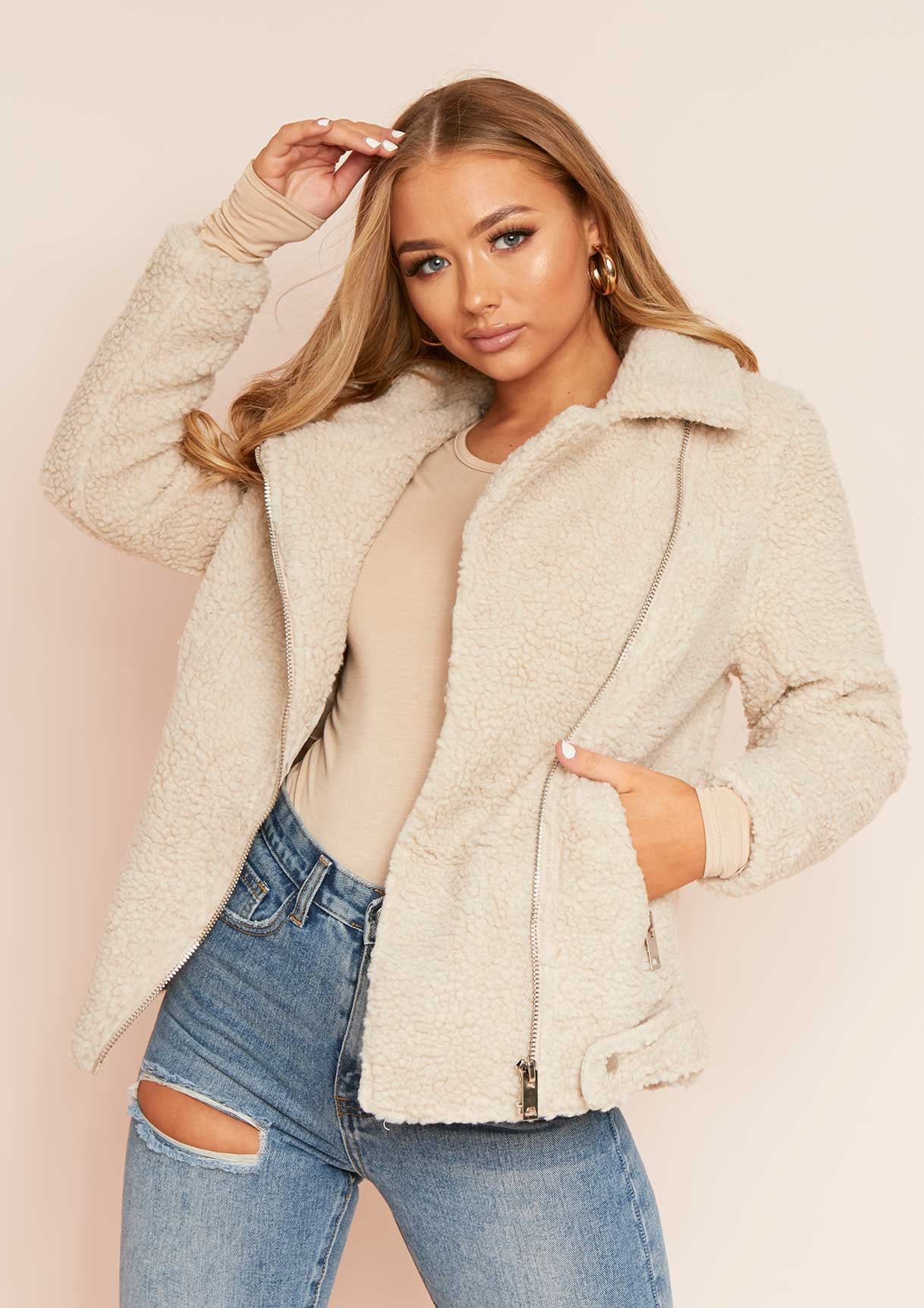 Belin Beige Teddy Borg Biker Jacket sold by Missy Empire