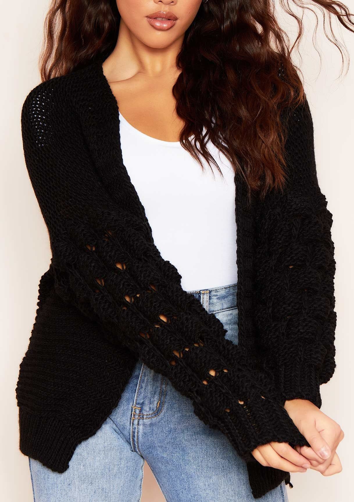 Siyana Black Bobble Sleeve Oversized Cropped Knitted Cardigan sold by Missy Empire product image thumbnail 3