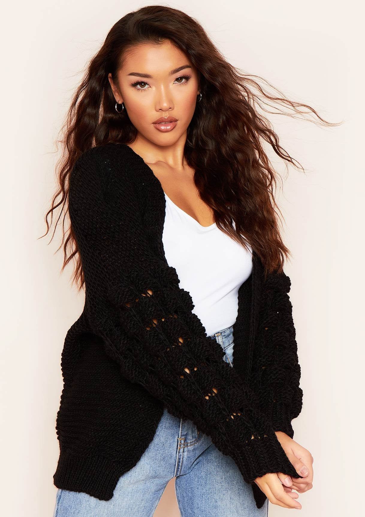 Siyana Black Bobble Sleeve Oversized Cropped Knitted Cardigan sold by Missy Empire