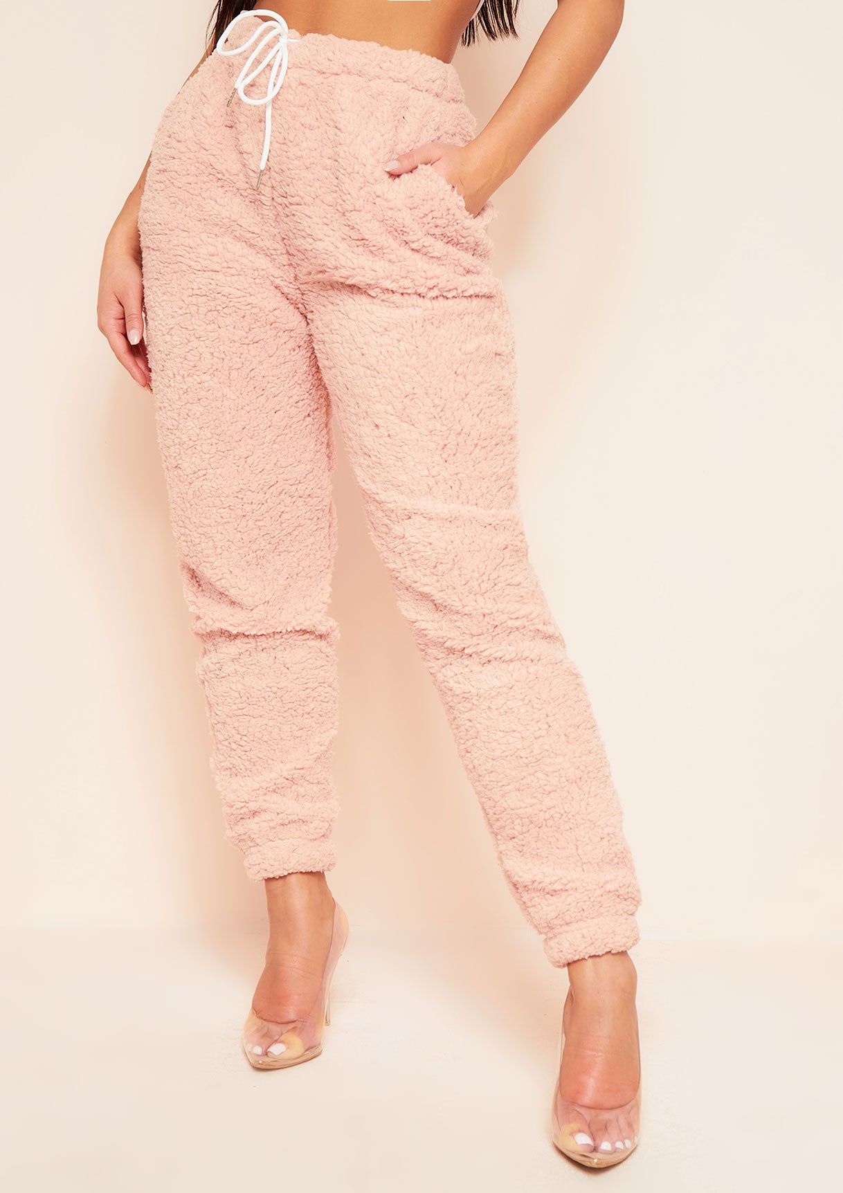 Patia Pink Teddy Borg Joggers sold by Missy Empire