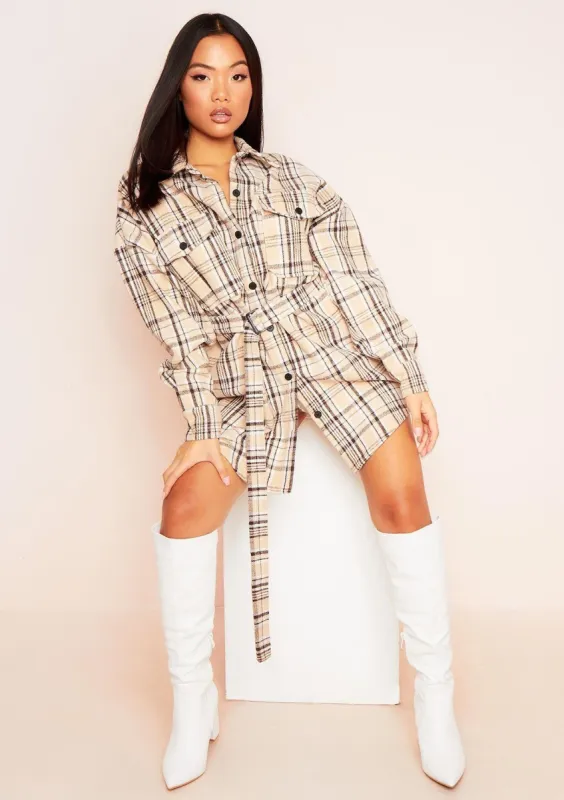 Ember Beige Oversized Belted Check Shacket sold by Missy Empire