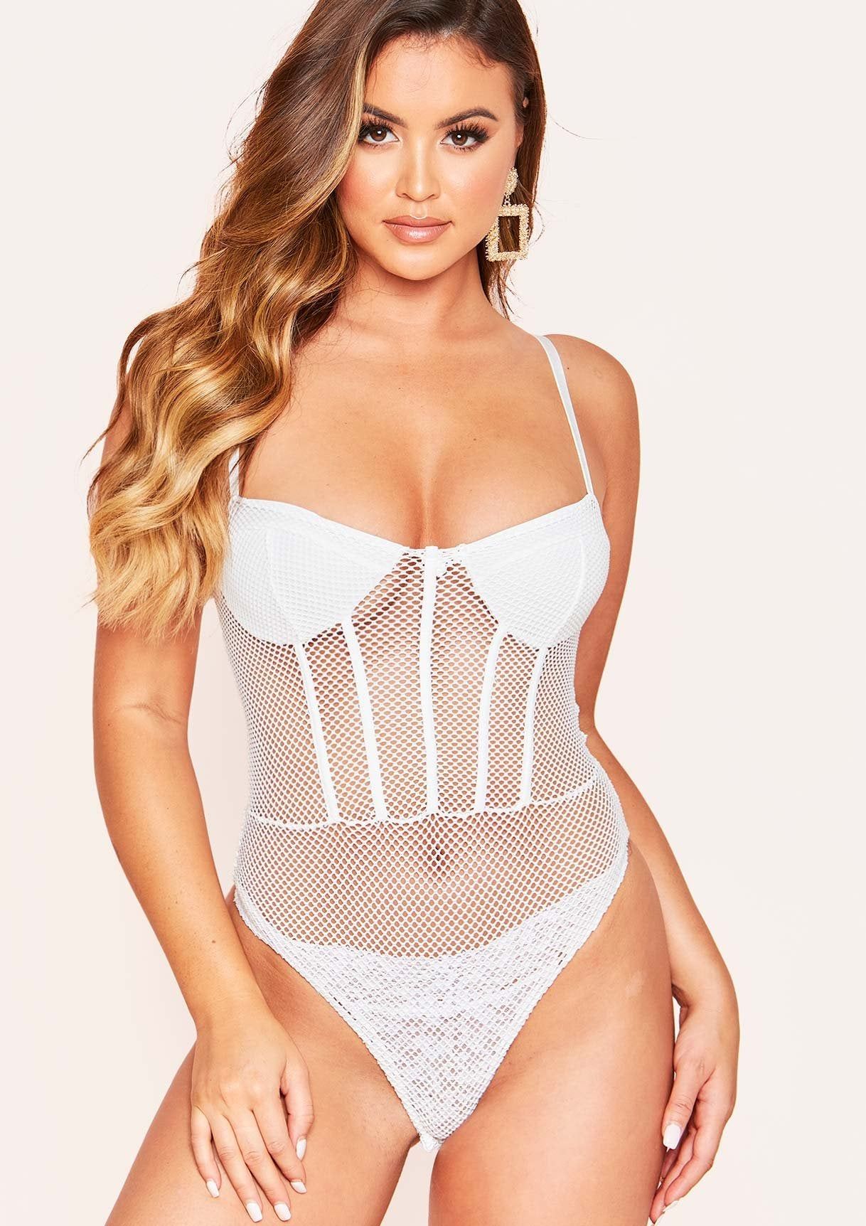 Darcie White Fishnet Detail Bodysuit sold by Missy Empire product image thumbnail 4