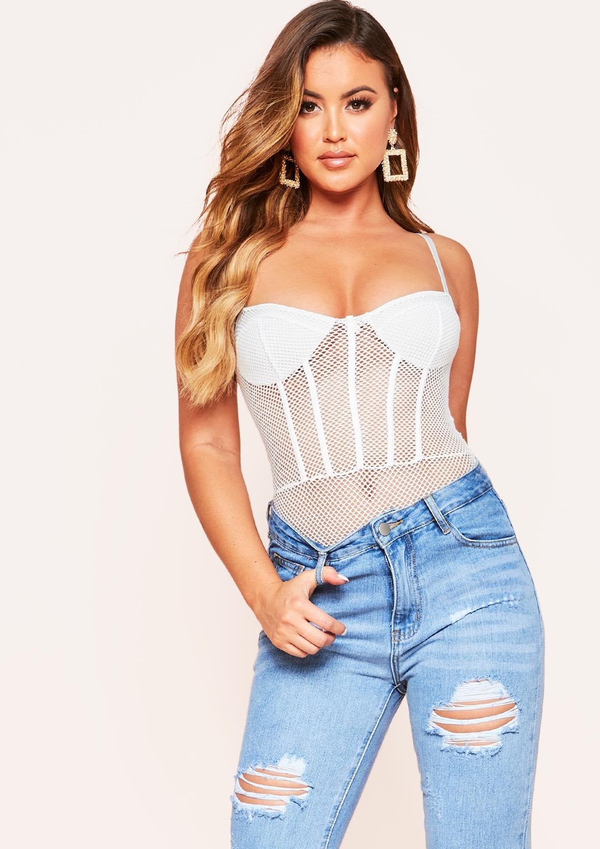 Darcie White Fishnet Detail Bodysuit sold by Missy Empire
