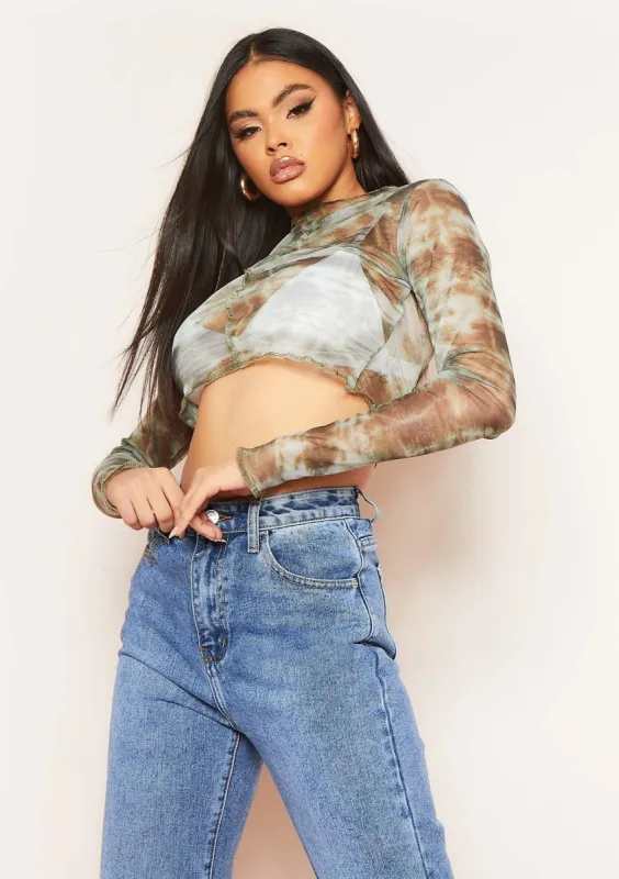 Lily Green Contrast Stitch Tie Dye Print Mesh Crop Top sold by Missy Empire