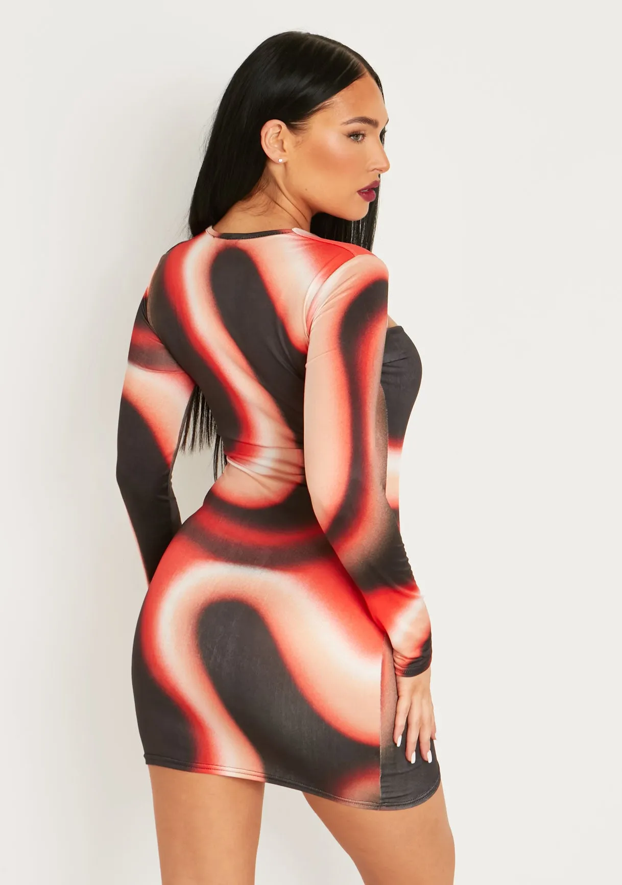 Maryse Red Printed Slinky Cut Out Long Sleeve Mini Dress sold by Missy Empire product image thumbnail 4