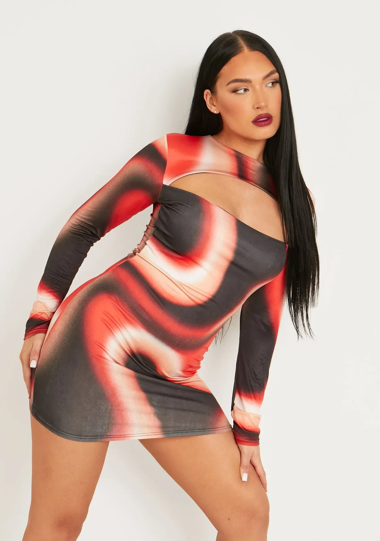 Maryse Red Printed Slinky Cut Out Long Sleeve Mini Dress sold by Missy Empire product image thumbnail 2