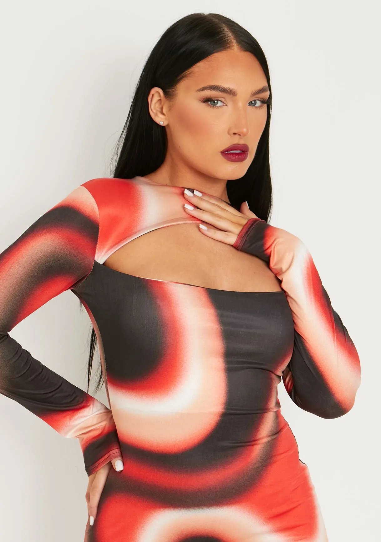 Maryse Red Printed Slinky Cut Out Long Sleeve Mini Dress sold by Missy Empire product image thumbnail 3