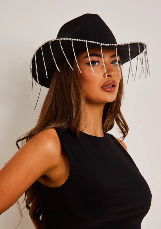 Kelly Black Diamante Tassel Trim Cowboy Hat sold by Missy Empire