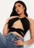 Edith Black Chain Halterneck Wrap Crop Top sold by Missy Empire