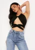 Edith Black Chain Halterneck Wrap Crop Top sold by Missy Empire
