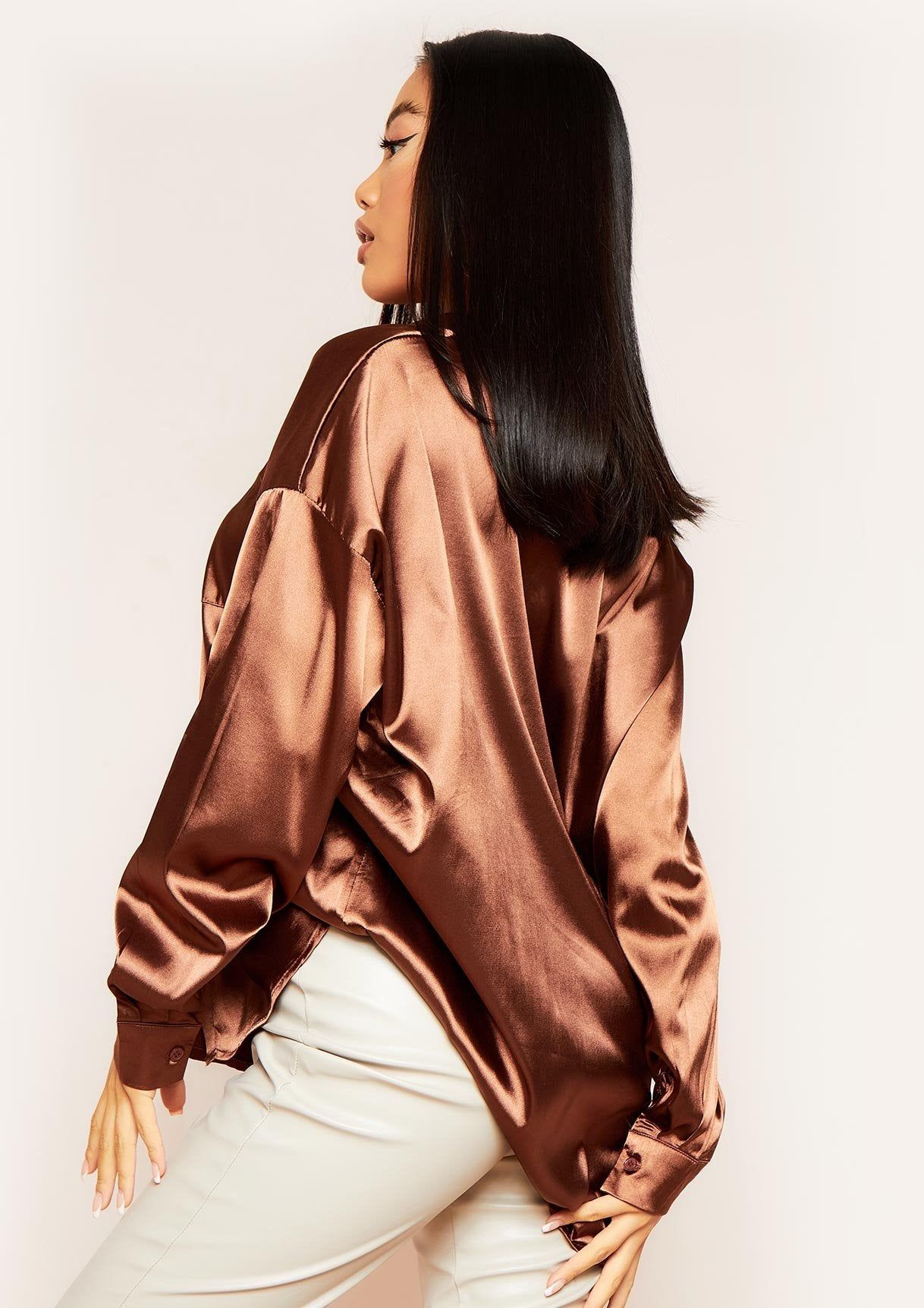 Jessica Chocolate Oversized Thick Satin Button Through Shirt sold by Missy Empire product image thumbnail 3