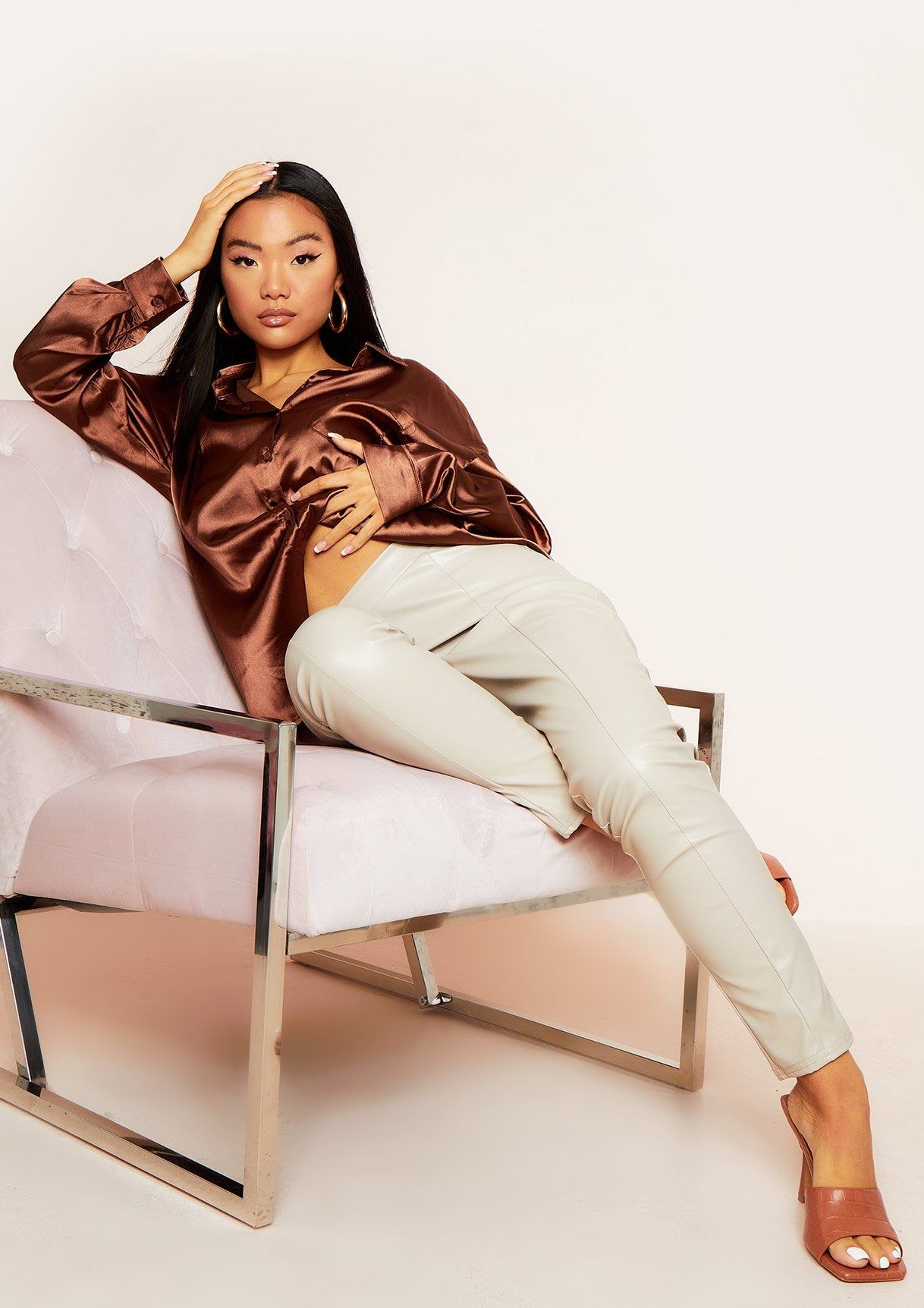 Jessica Chocolate Oversized Thick Satin Button Through Shirt sold by Missy Empire product image thumbnail 4