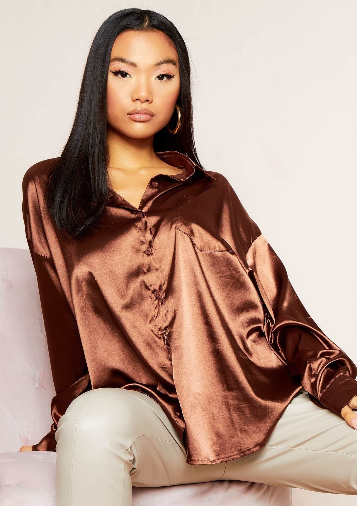 Jessica Chocolate Oversized Thick Satin Button Through Shirt sold by Missy Empire