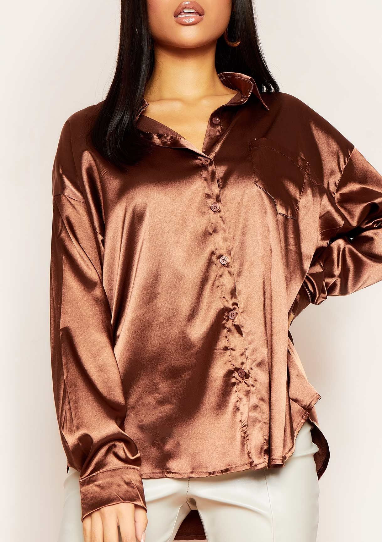 Jessica Chocolate Oversized Thick Satin Button Through Shirt sold by Missy Empire product image thumbnail 2