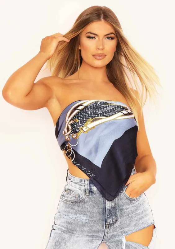 Sierra Navy & Brown Printed Satin Scarf Top sold by Missy Empire