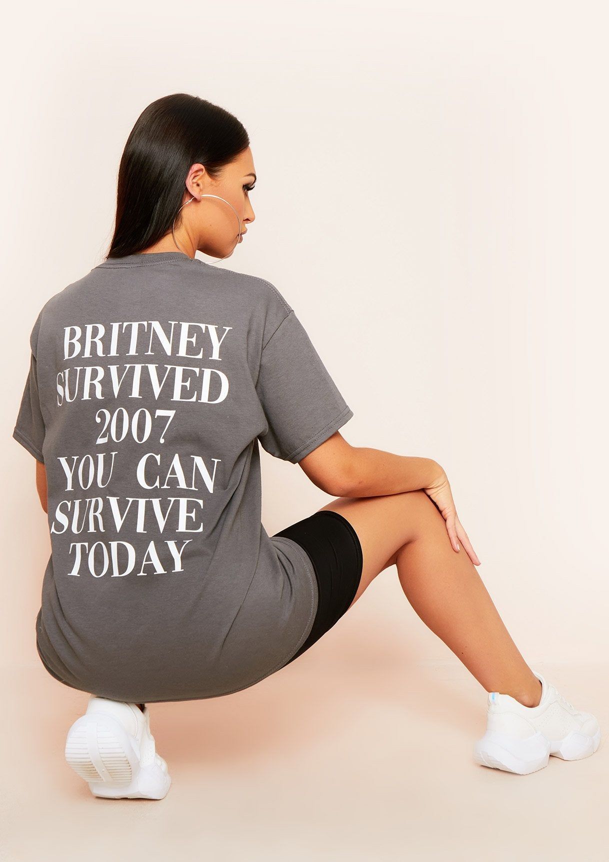 Cheryl Charcoal "Britney Survived 2007" Slogan Oversized T-Shirt sold by Missy Empire