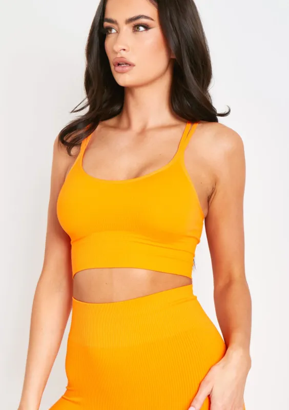 Kara Orange Seamless Ribbed Scoop Neck Double Strap Crop Top sold by Missy Empire