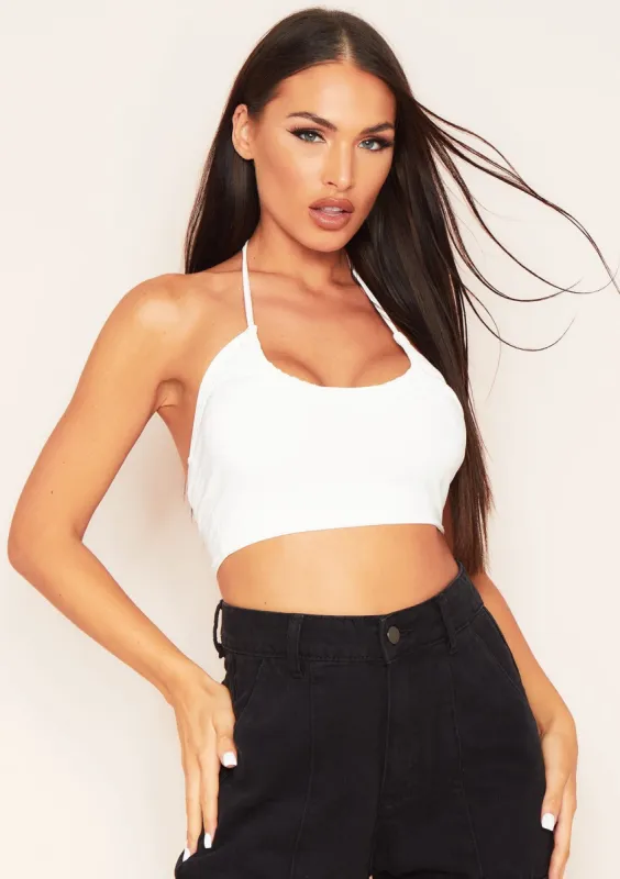 Cara Ivory Ruched Slinky Halterneck Crop Top made by Missy Empire