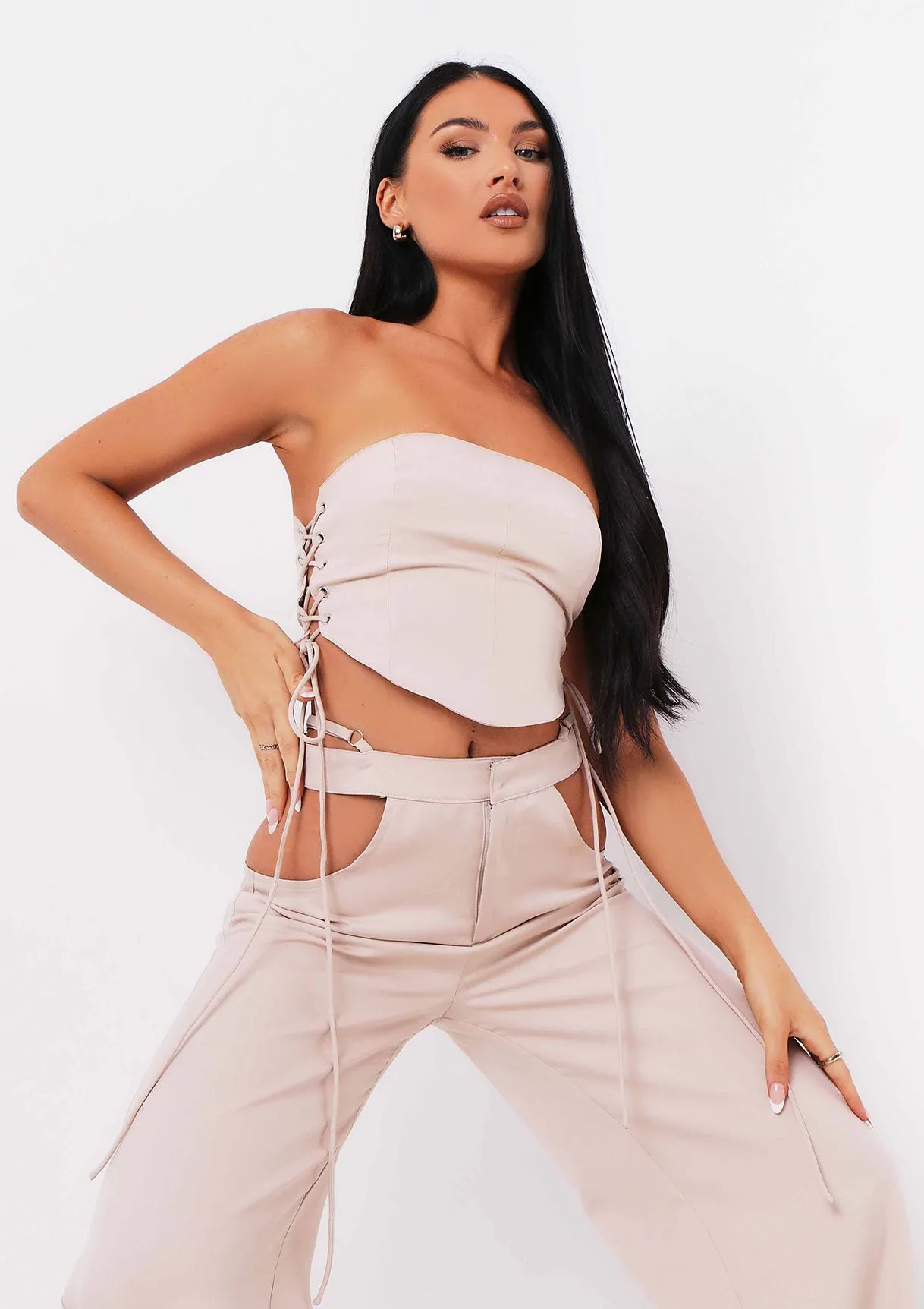 Polly Sand Cut Out Side Wide Leg Trousers sold by Missy Empire product image thumbnail 4
