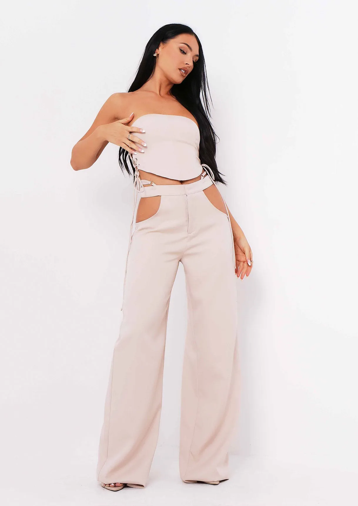 Polly Sand Cut Out Side Wide Leg Trousers sold by Missy Empire