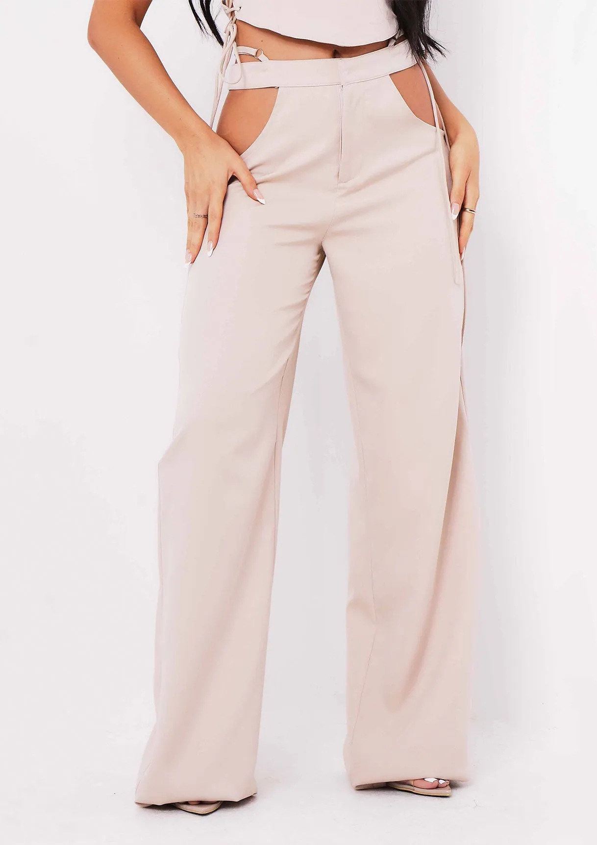 Polly Sand Cut Out Side Wide Leg Trousers sold by Missy Empire product image thumbnail 2