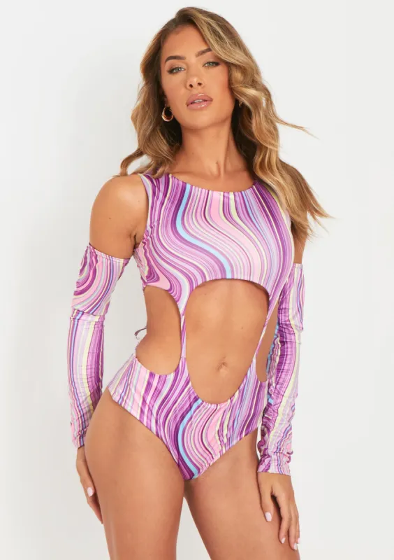 Libby Printed Double Layer Slinky Cut Out Bodysuit With Separate Sleeves sold by Missy Empire