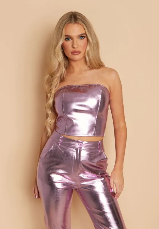 Abby Pink Metallic Faux Leather Cropped Corset sold by Missy Empire
