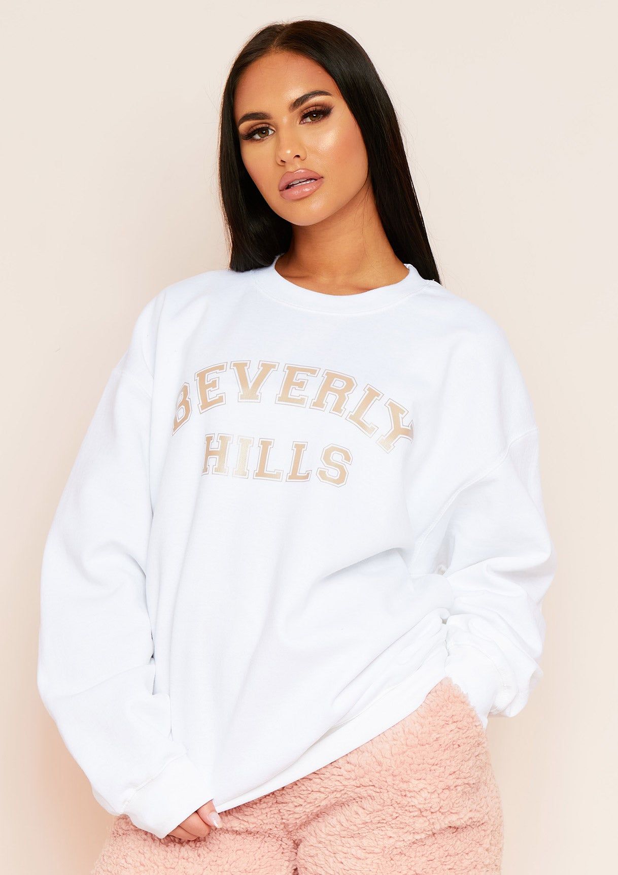 Tania White Beverly Hills Slogan Sweatshirt sold by Missy Empire