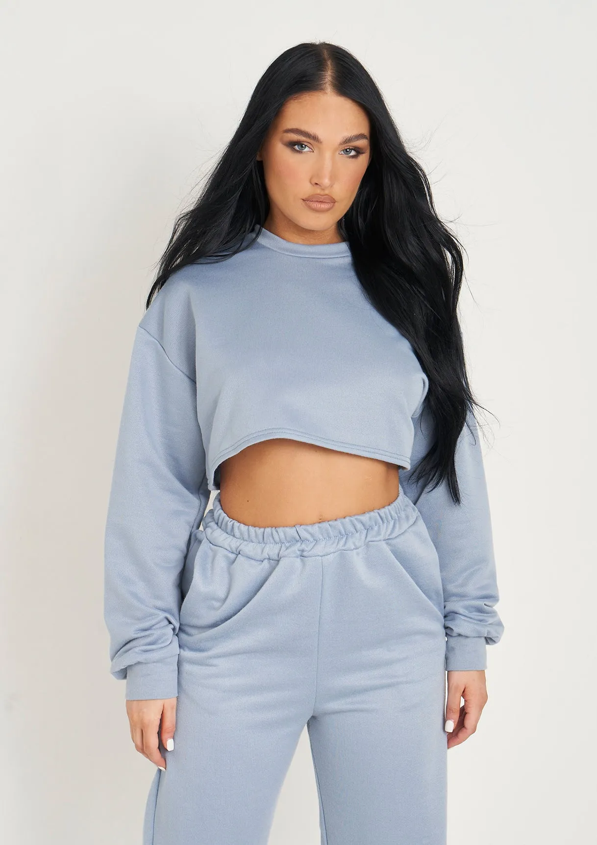 Hedda Pastel Blue Cropped Loopback Sweatshirt sold by Missy Empire
