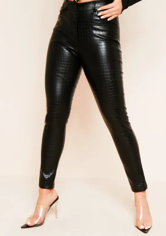 Aubrey Black Croc Print PU Trousers sold by Missy Empire