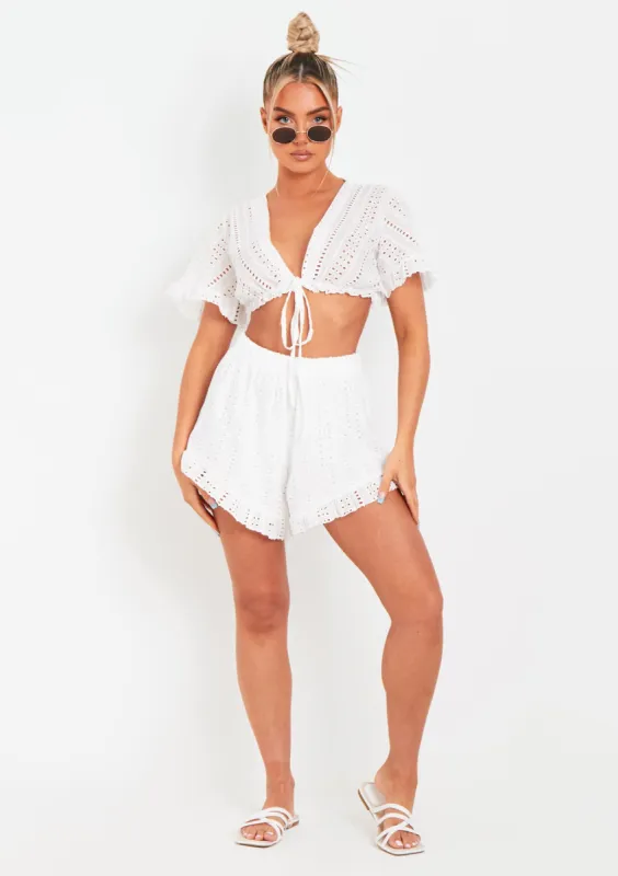 Milly White Broderie Crop Top And Shorts Set sold by Missy Empire